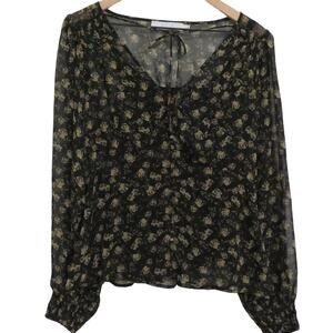 ASTR Womens Sz L Black Tan Sheer Floral Long Sleeve Blouse V Neck Top Faux Smock
